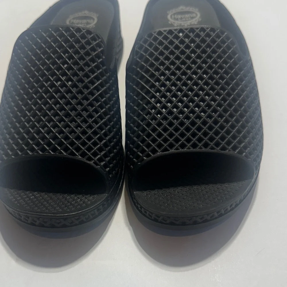 Jeffrey Campbell Havana Last Black rubber fishnet wedge Sandals slip ons size 7